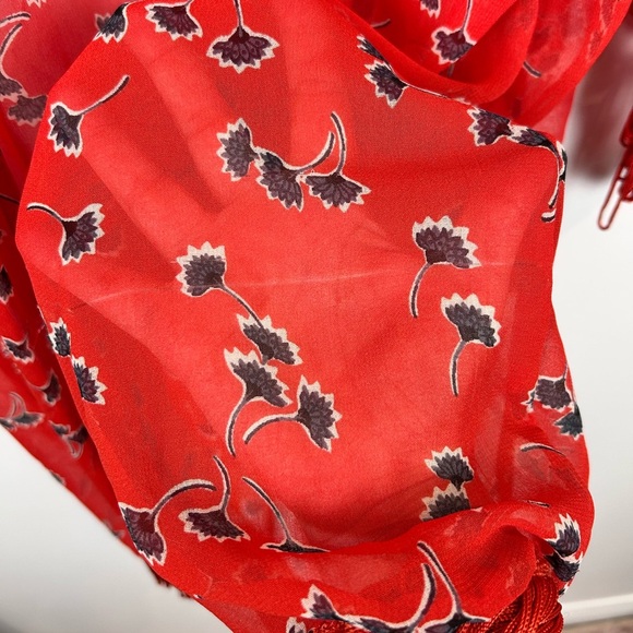 Floral kimono pool beach coverup, Med, red fringe lightweight sheer long sleeves - Picture 6 of 8